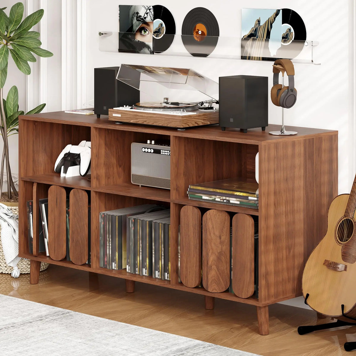 HiMiss Wooden Record Player Stand With USB Charging And Storage