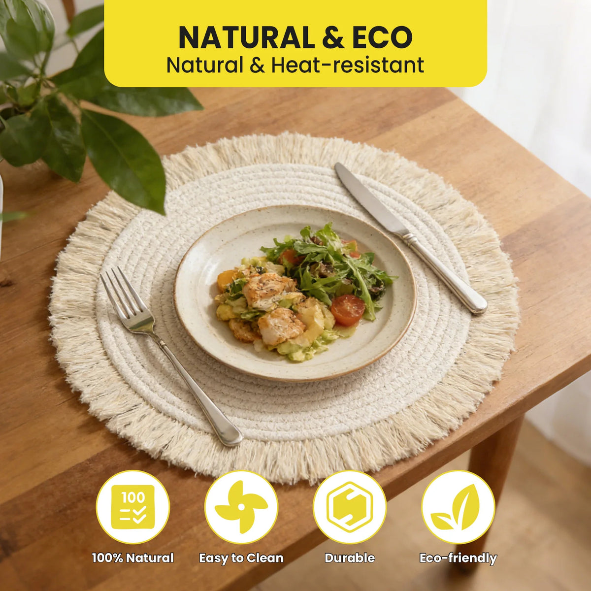 Round Cotton Rope Placemats Set of 8, 34cm Natural Boho Table Mats with Tassel, Heat Resistant Non-Slip Washable Woven Place Mats for Dining Table, Kitchen and Party