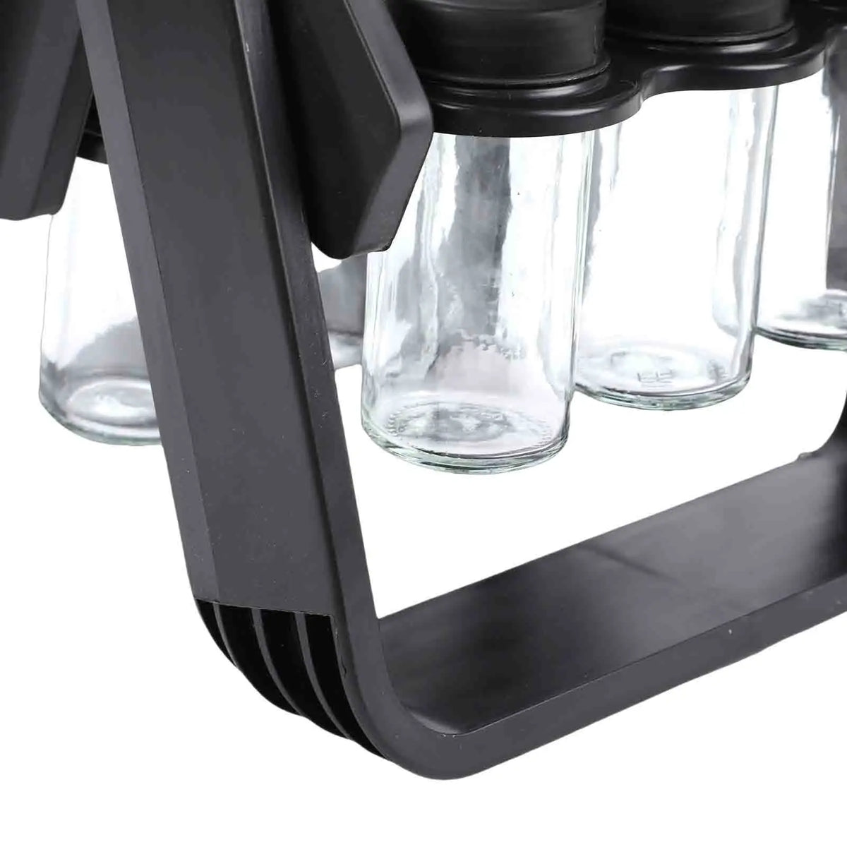 18 Jar Glass Spice Carousel Organizer 360° Revolving Spice Rack w Labels and Collapsible Funnel Space Saving Black Spice Holder