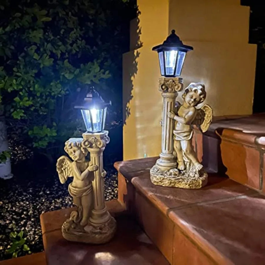 Statue with Solar Lights 19.7 Inch, Outdoor Solar Angel Garden Statue with Roma Pillar for Garden Lawn Deocr, Christian Religio