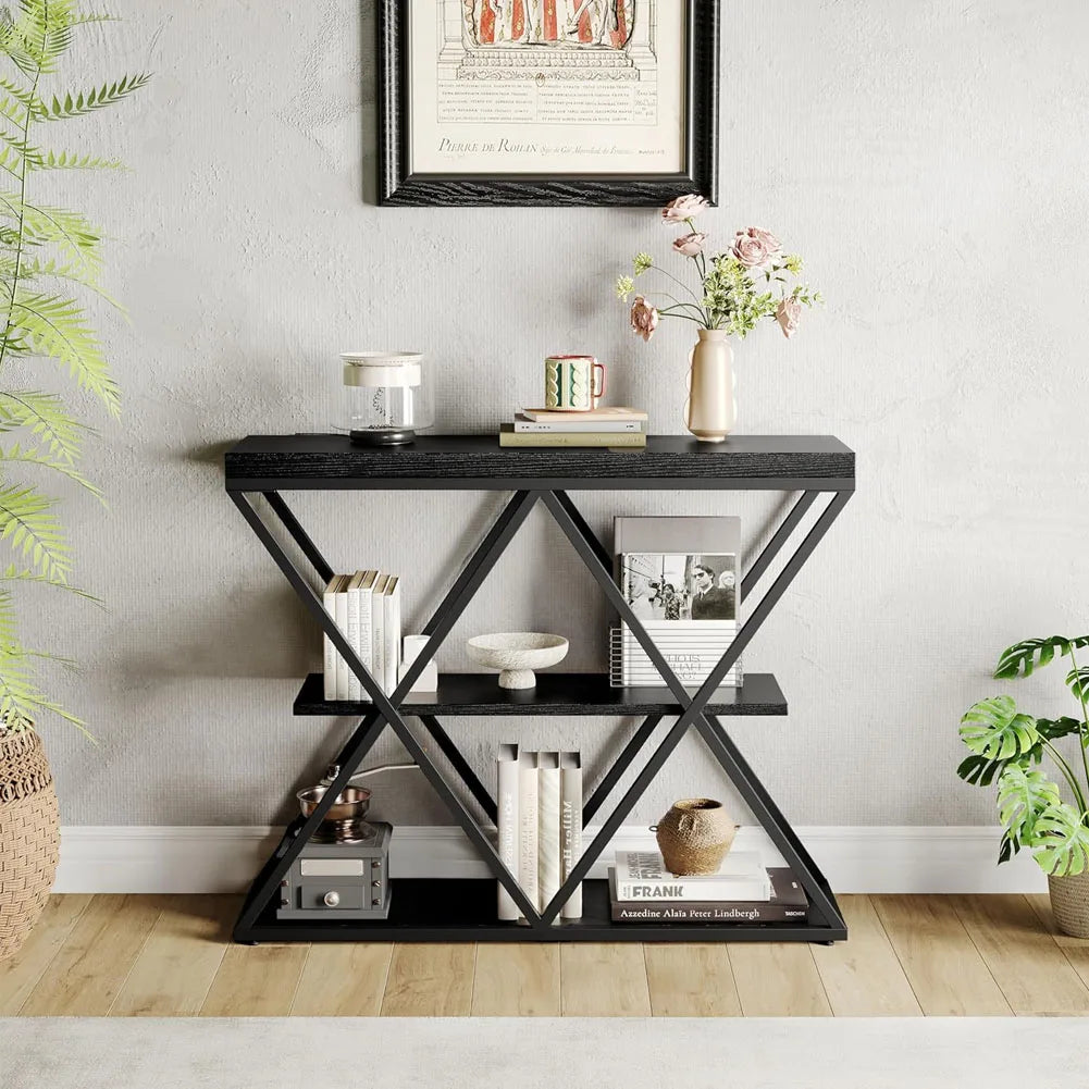 3-Tier Console Table, Slim Entryway Sofa Table with x-Shaped Metal Legs, Open Storage Shelves, for Living Room/Hallway, Rustic Farmhouse Style
