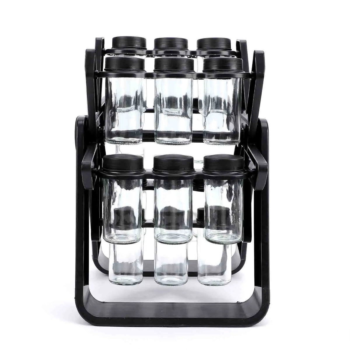 18 Jar Glass Spice Carousel Organizer 360° Revolving Spice Rack w Labels and Collapsible Funnel Space Saving Black Spice Holder