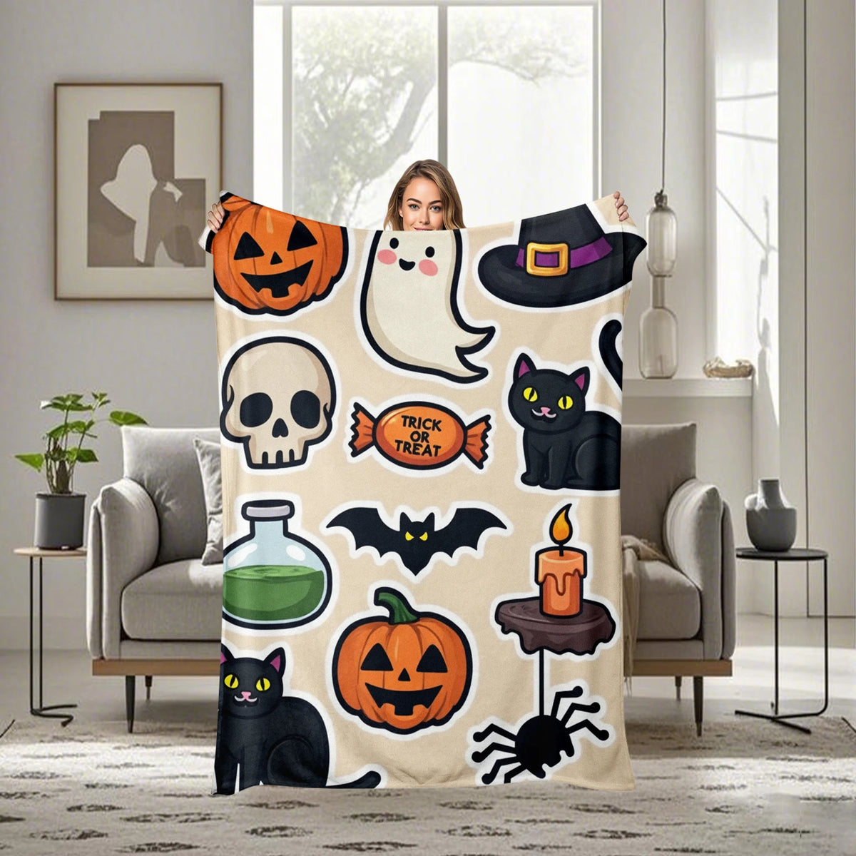 Halloween Cartoon Sticker Flannel Blanket, Festive Jack-O'-Lantern Ghost And Black Cat Pattern on Beige, Soft Warm All-Season Throw for Home Decor, Machine Washable Holiday Gift for Trick Or Treat Celebrations