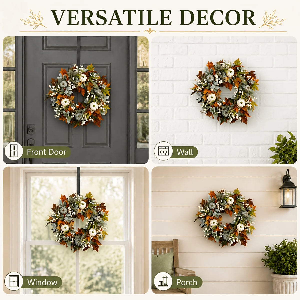 Garlands - All Peony And Pumpkin Wreath Year Round, Leaves And Berries Farmhouse Autumn Wreath, Mixed Leaves - Thanksgiving Wreaths for Indoor Outdoor, Artificial Fall Wreaths for Front Door Rustic