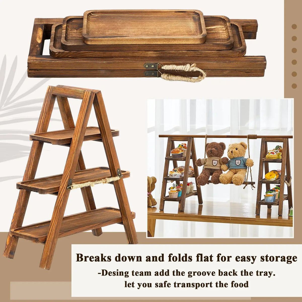 Rustic Walnut Side Table 3 Tier Wooden Small End Table with Removable Trays for Living Room Bedroom Balcony Home Decor