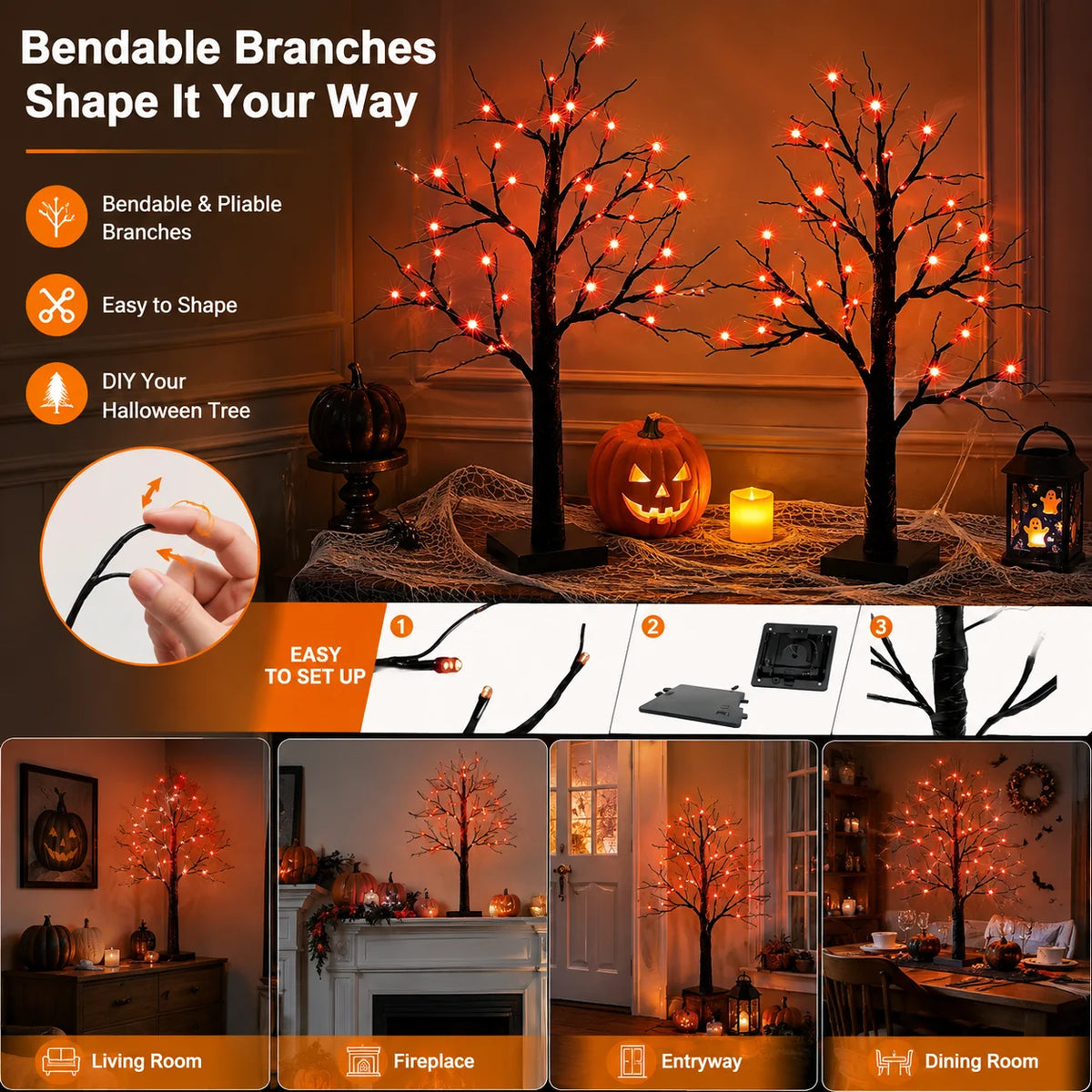 Halloween Tree Lights, 2 Pack LED Orange Purple Halloween Decor 2 Pack Halloween Tree Lights with 48 LEDs, Orange & Purple Glow, USB and Battery Powered for Indoor Halloween Decorations