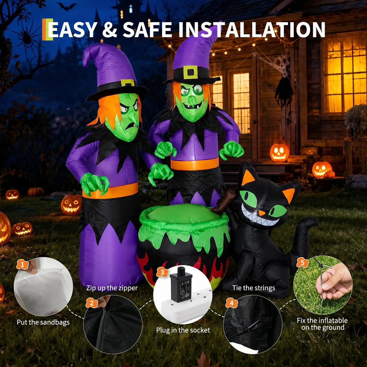 6ft Halloween Inflatable Witch Sisters Black Cat Cauldron With 6 Led Lights, Outdoor Yard Decor Blower For Lawn Porch Garden