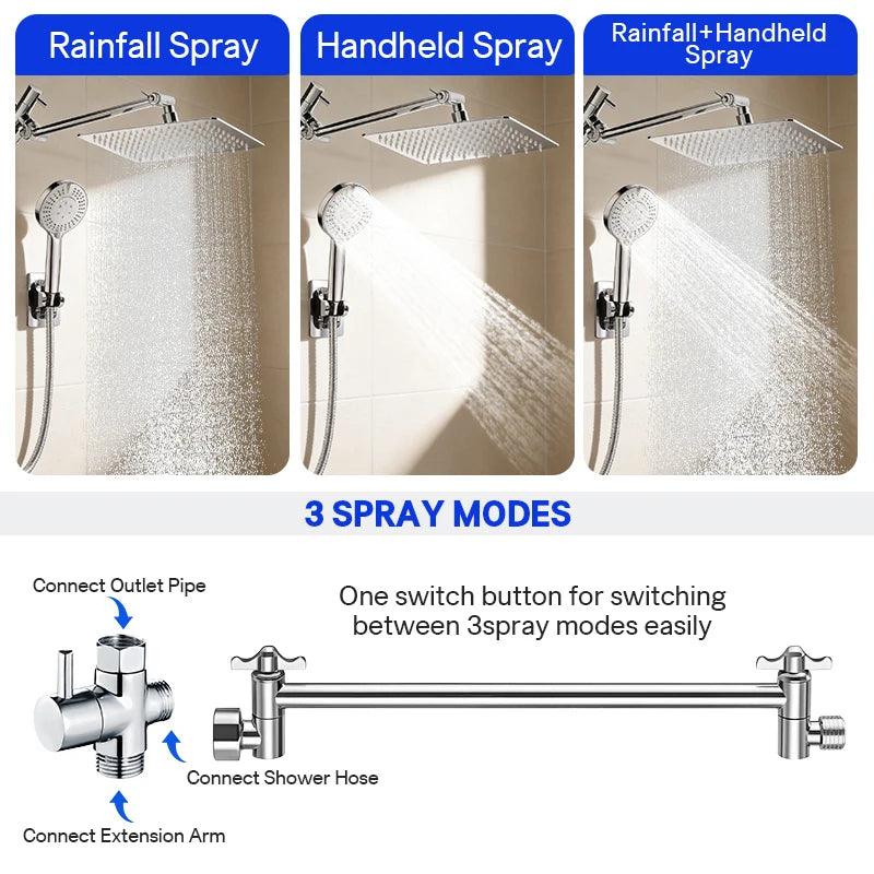 Stainless Steel 8 Inch Overhead Showerhead 7 Modes With Extension Arm Multi-function Hand Shower Wall Mounted Showerhead Set