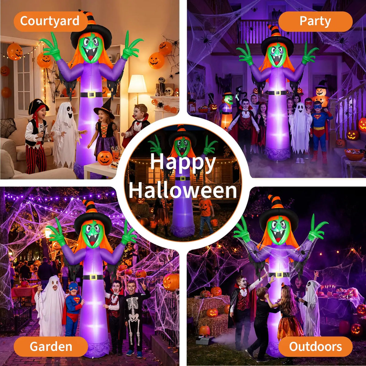 12ft Halloween Witch Inflatable Outdoor Yard Decoration With 4 Led Lights, Blower, Stakes & Ropes For Lawn Porch Haunted House Party