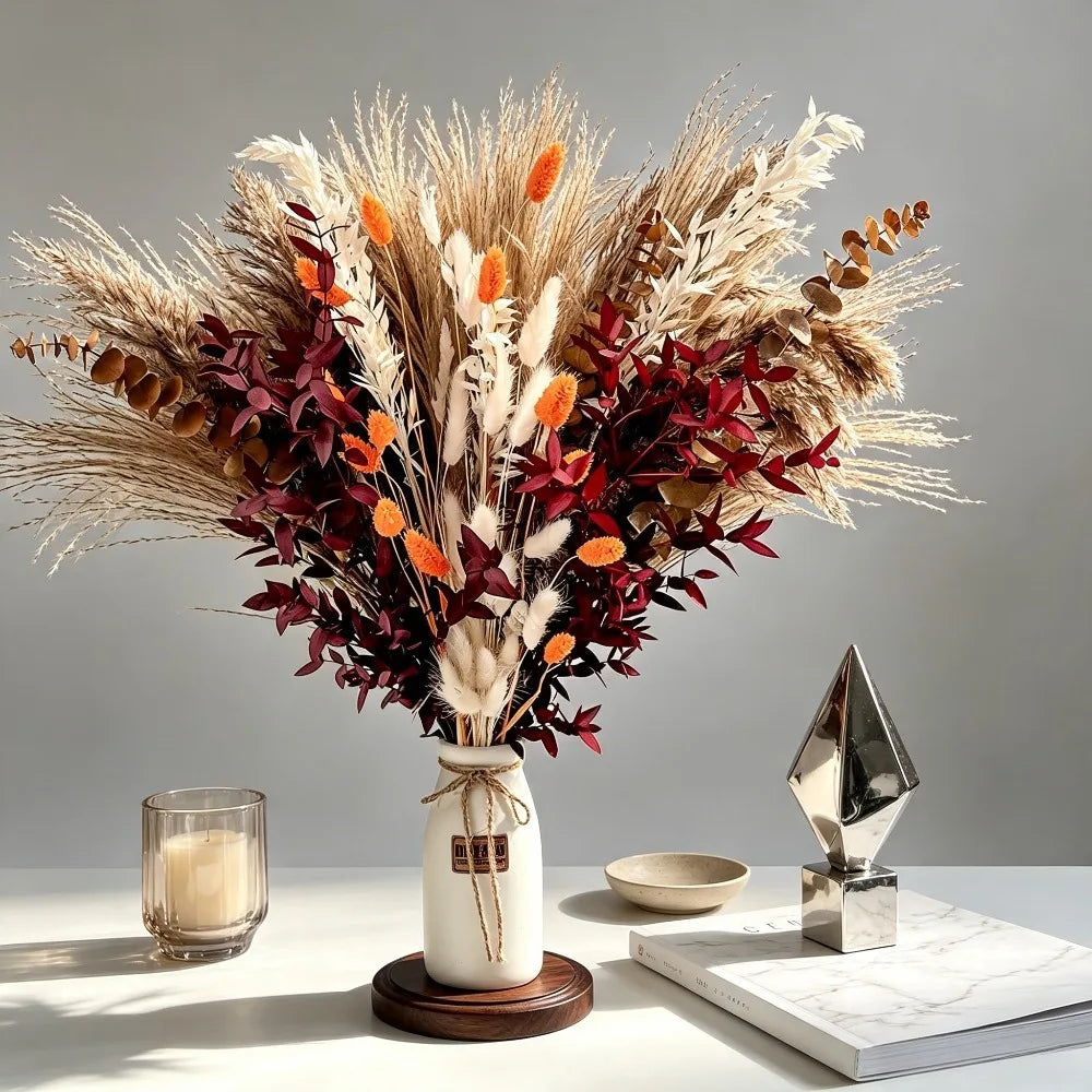 Autumn Mixed Dried Flower Bouquet Preserved Eucalyptus Bunny Tail Grass Pampas Grass Boho Dried Floral Arrangement For Vase Home Living Room Wedding Table Decor