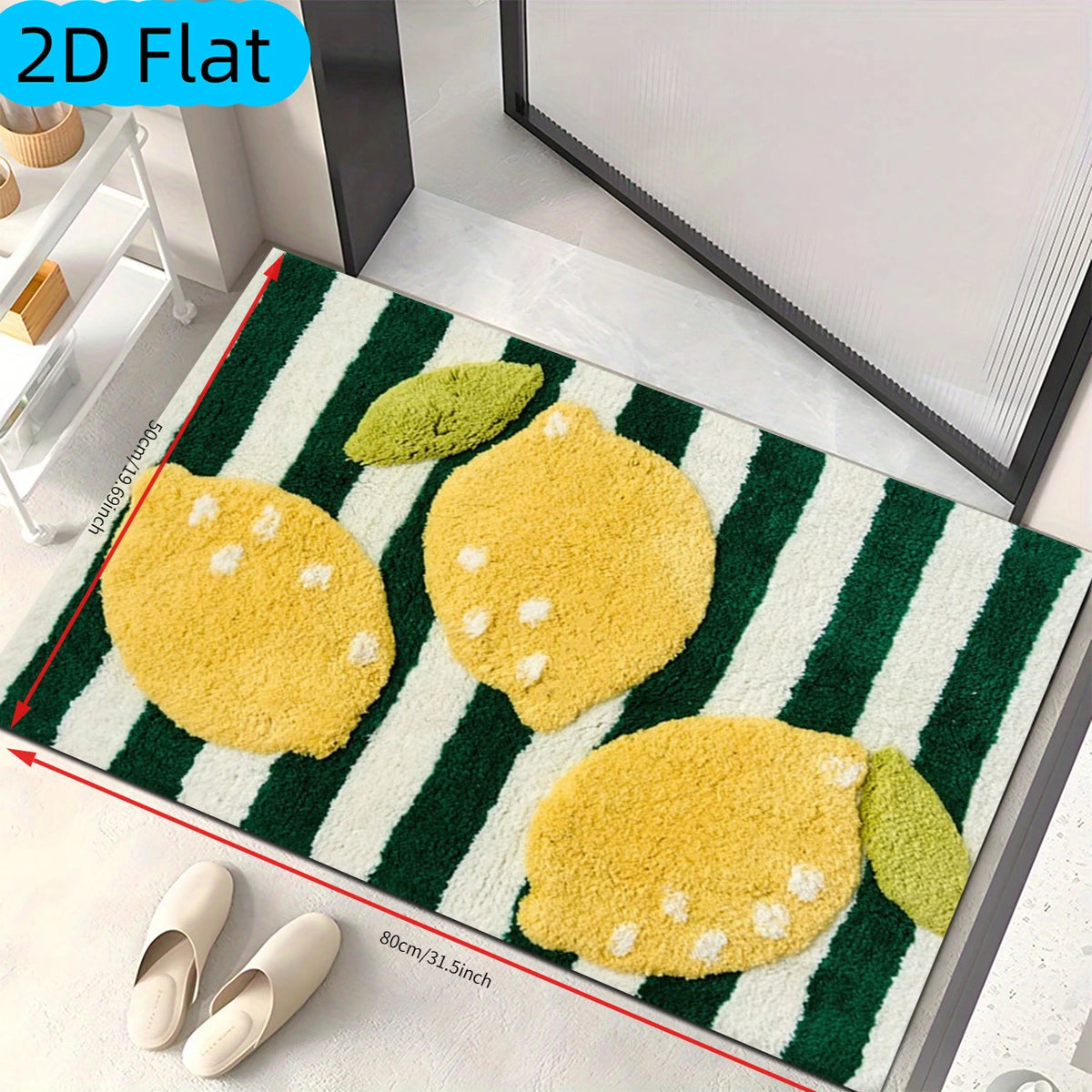 [2D Flat]1pc Green And White Striped with Lemon Pattern Bathroom Mat, Velvet Material, Short Pile, Non-Slip, Absorbent, Suitable for Bathroom Anti-Slip