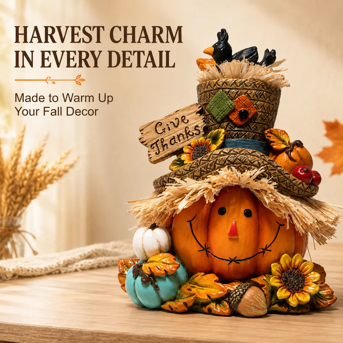Hodao Resin Thanksgiving Harvest Scarecrow Figurine Figure Model, Pumpkin Face Autumn Decor with Give Thanks Sign & Cute Black Crows, Rustic Farmhouse Tabletop Statue with Straw Hat & Sunflower, Holiday Accent Ornament for Ho
