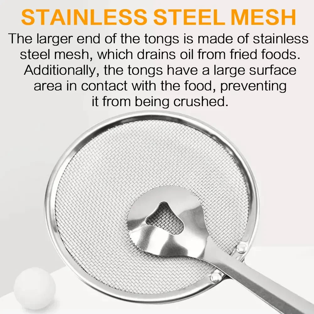 Stainless Steel Strainer Spoon Tongs, Mesh Filter Spoon and Clip Design, Approx. 280 x 100 x 10mm, Silver Finish, Approx. 40g, for Fried Food, Salads, Bread, Vegetables, Grilling and Kitchen Serving, approx. 280 x 100 x 10mm
