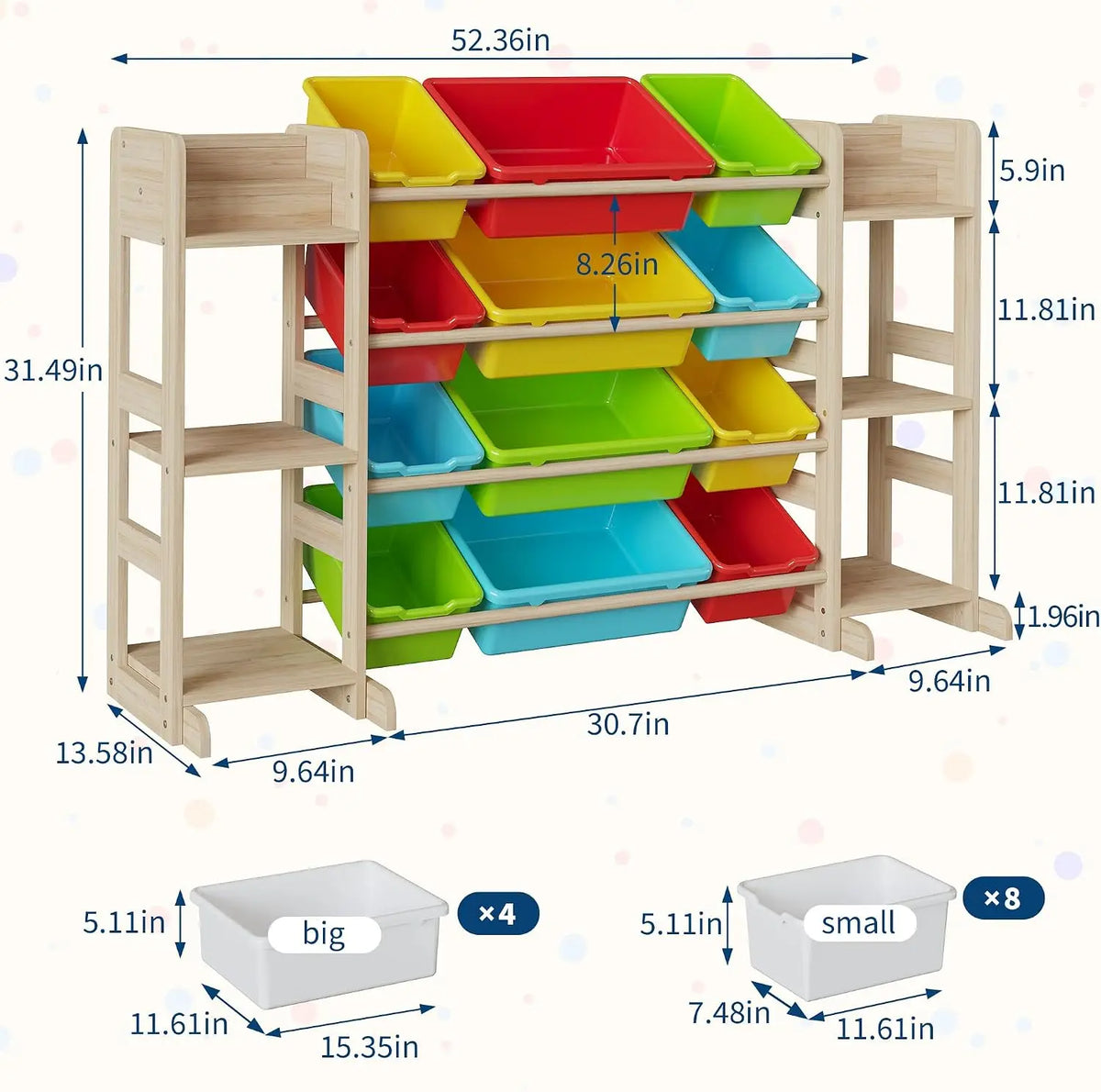 Tacleekii 42" 52" Wide Kids Toy Storage Organizer with 12 Bins & 3 Open Shelves Solid Wood Bookshelf Cabinet Storage Unit for Playroom Bedroom Living Room