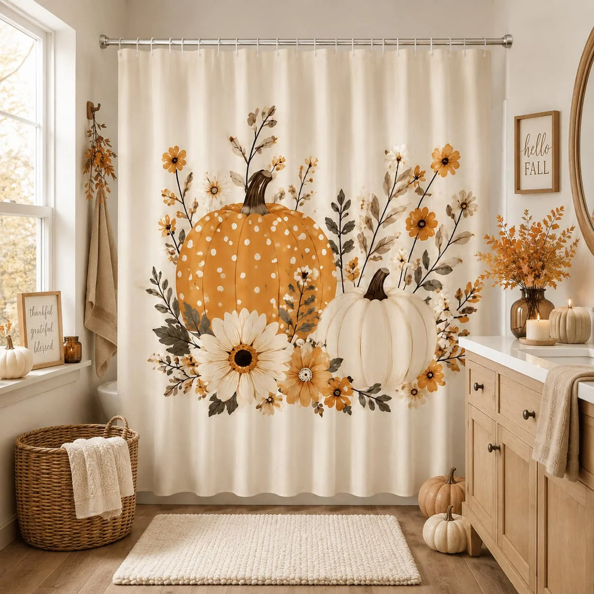 Autumn Pumpkin Floral Shower Curtain 71X71 Inches Polyester Fabric Farmhouse Fall Bathroom Decor with 12 Hooks Rustic Orange White Pumpkin Daisy Botanical Print