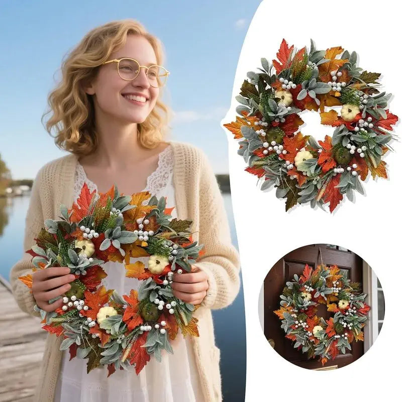 Fall Wreaths for Front Door,Thanksgiving Autumn Door Wreath with Maple Leaf,Pumpkin,Berries and Green Leaves,Pumpkin Fall Leaves Wreaths for Front Door,Wall and Fireplace
