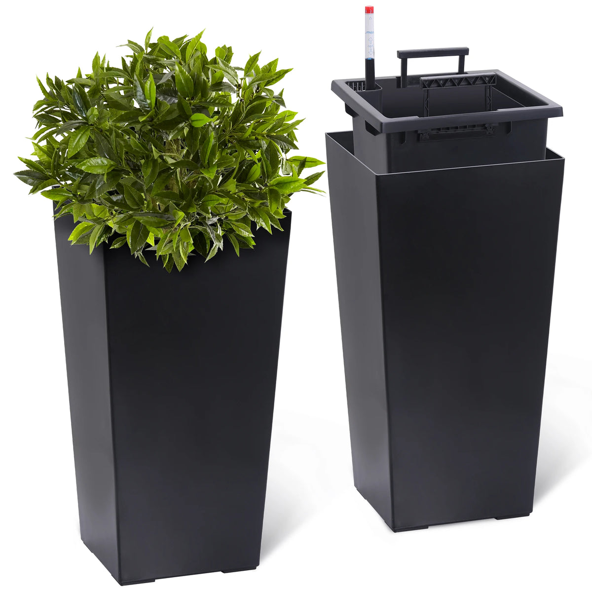 Tall Planters Set of 2, Outdoor＆Indoor Black Planter Pots, High Front Porch Planter Pots With Drainage Holes＆Water Level Monitor＆Inner Bucket, Automatic Watering