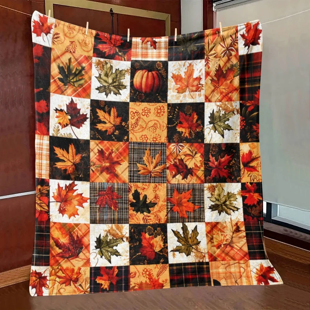 Fall Harvest Maple Leaf Pumpkin Plaid Patchwork Flannel Blanket Soft Warm Fleece Throw Blanket Thanksgiving Decor Gift