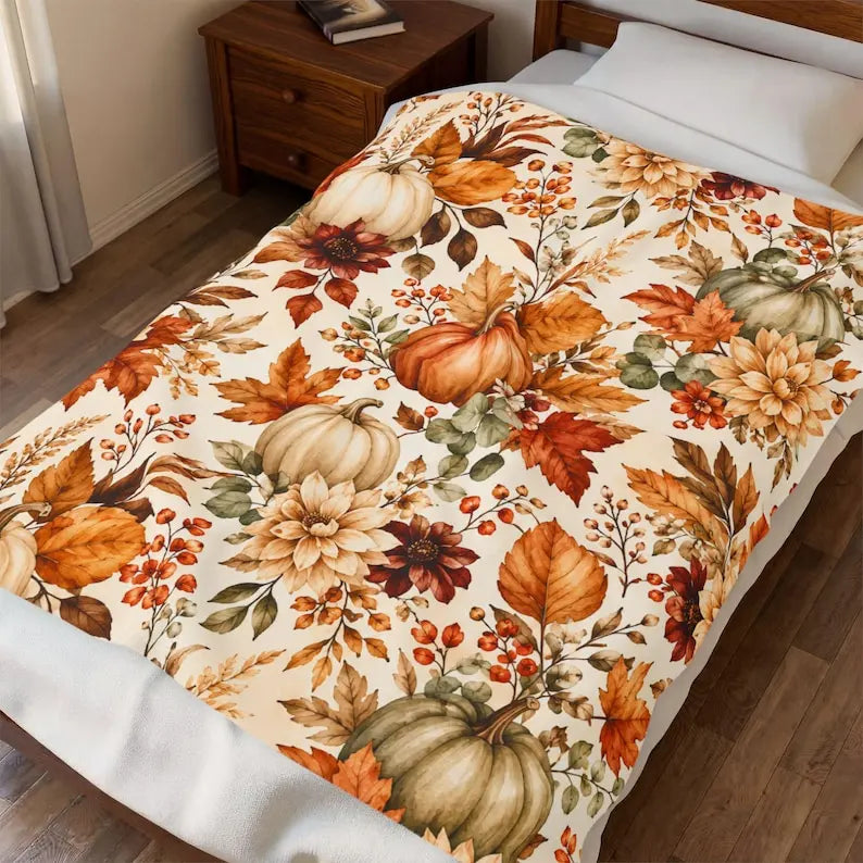 Autumn Pumpkins Floral Fall Leaves Velveteen Plush Blanket, Fall Home Livingroom, Bedroom Decor