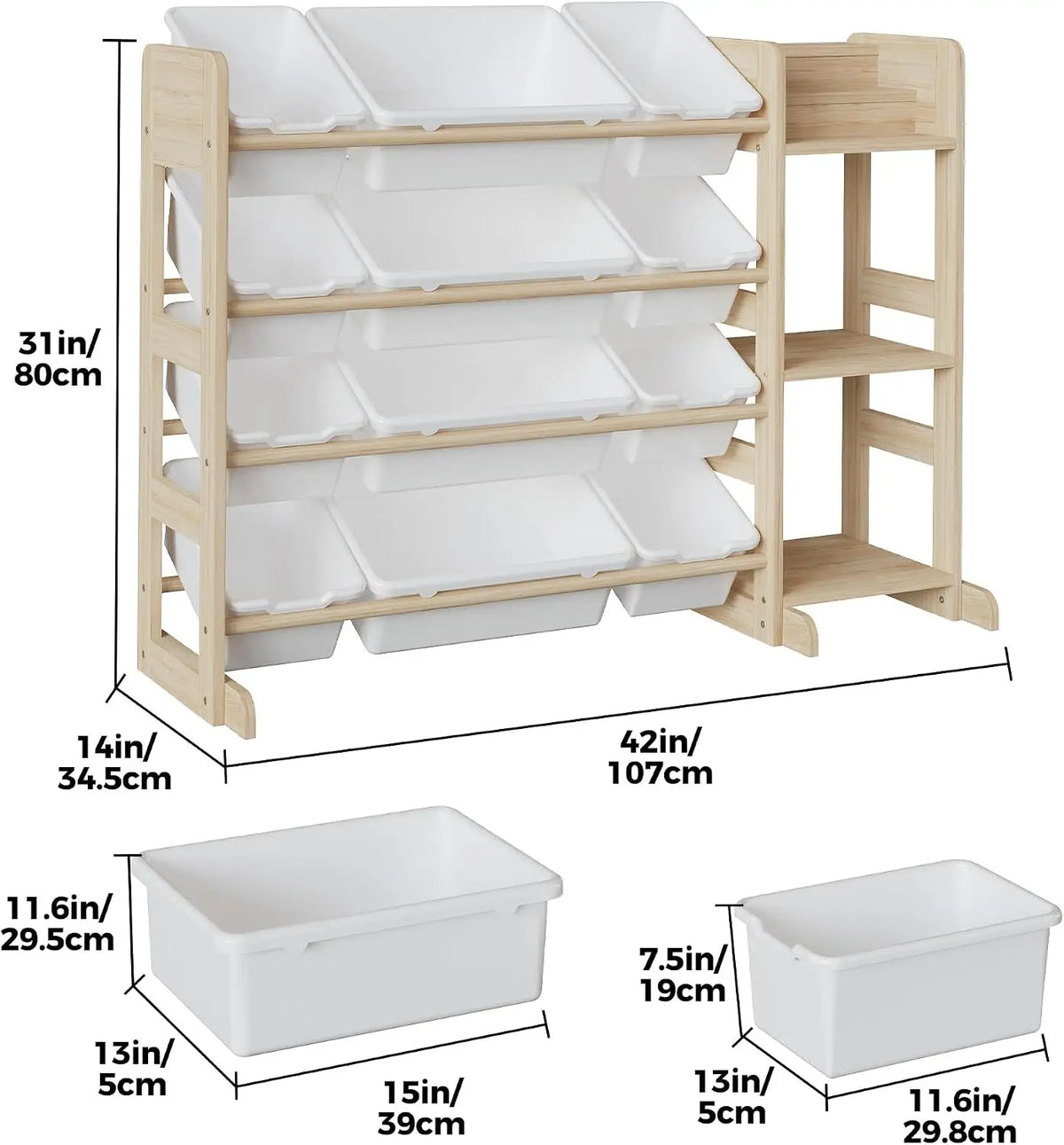 Tacleekii 42" 52" Wide Kids Toy Storage Organizer with 12 Bins & 3 Open Shelves Solid Wood Bookshelf Cabinet Storage Unit for Playroom Bedroom Living Room