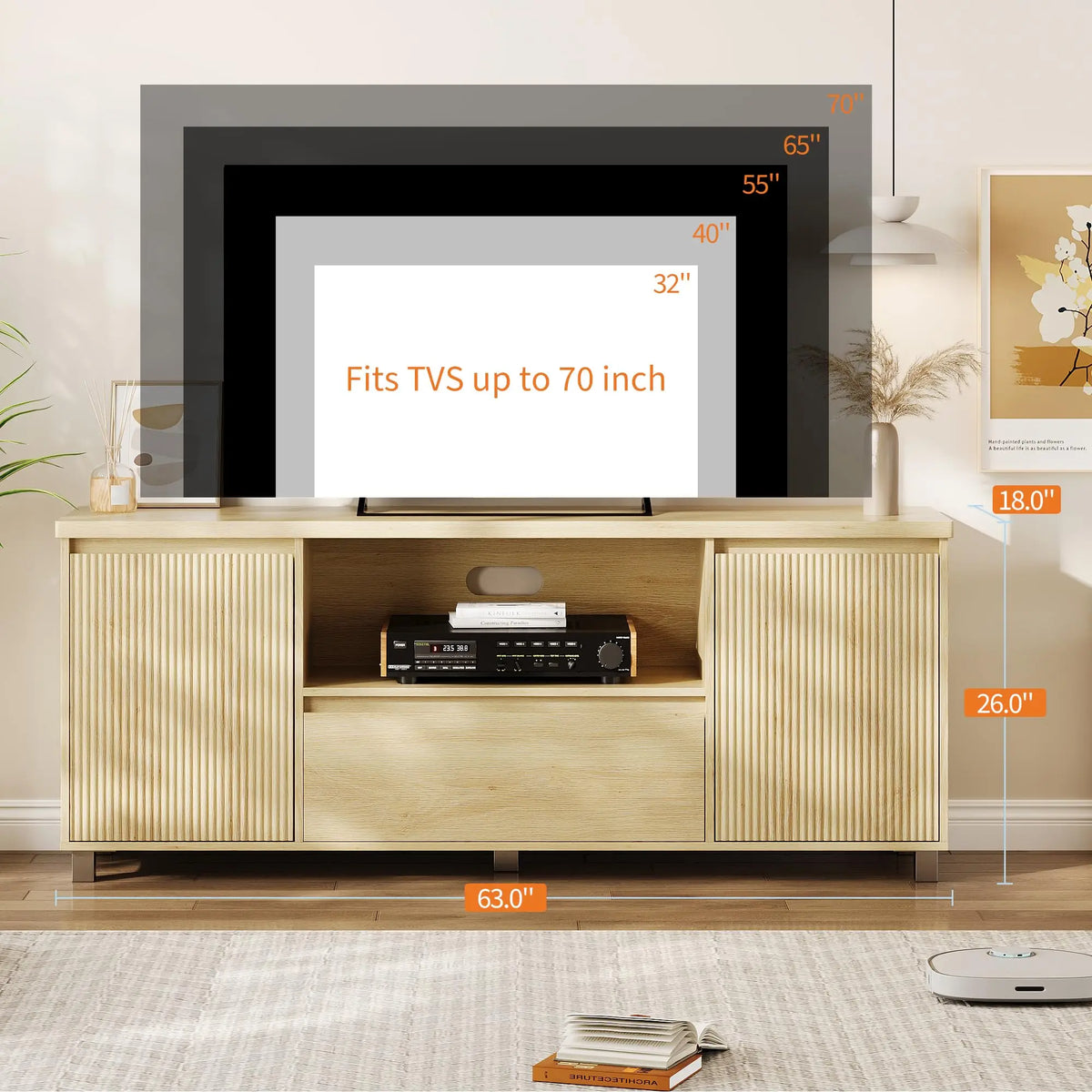 Modern TV Stand For TVs Up To 70 Inch, Media Console With Fluted Door Cabinets, Drawer, Open Shelves, Cable Management Cabinet