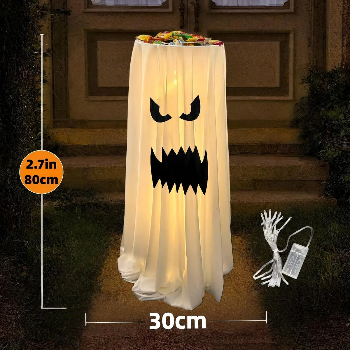 31.5in Tall Halloween Ghost Candy Holder, Standing Ghost Treat Bowl, Spooky Ghost Fabric Candy Bucket for Front Porch Yard Outdoor Decor, Halloween Party Trick or Treat Candy Display Stand Decoration(Battery Not Included)