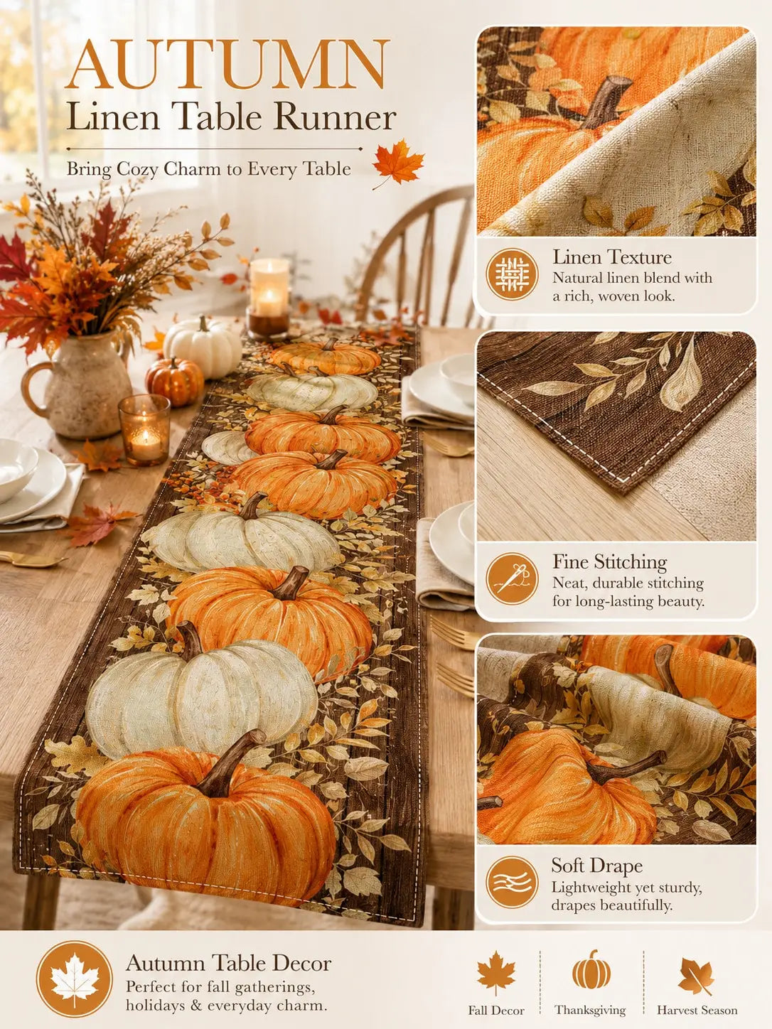 1pc-Fall Linen Table Runner, Patchwork Pumpkin Maple Leaf Table Decor, Rustic Farmhouse Autumn Dining Table Runner For Kitchen, Thanksgiving Harvest Holiday Decoration, Seasonal Centerpiece Cover For Everyday Use, Parties And
