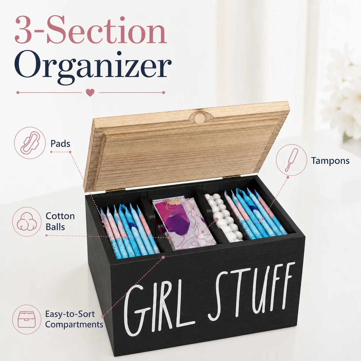 Wooden Period Organizer Box with Lid, Divided Sanitary Napkin Storage Container, "Girl Stuff" Bathroom Drawer Caddy for Tampons, Pads, Feminine Hygiene Products