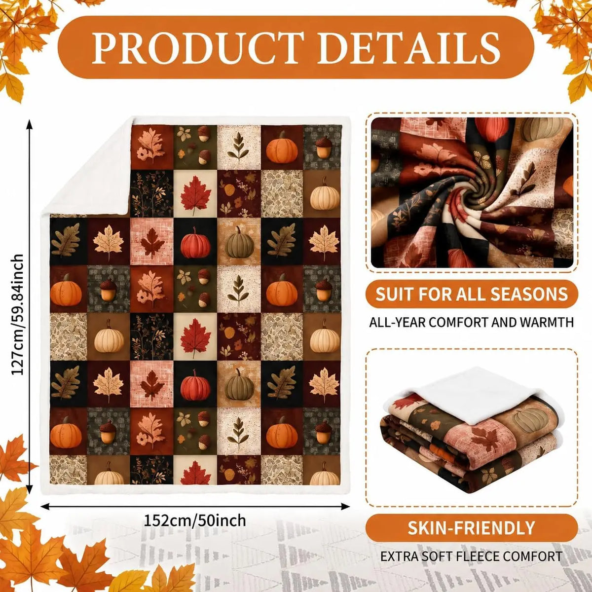 Fall Blanket 50"x60" Autumn Plaid Pumpkin Maple Leaves Acorns Throw Blankets Seasons Soft Warm Cozy Lightweight Rustic Harvest Thanksgiving Flannel Throw Blanket for Couch,Bed,Living Room,Dorm,Travel