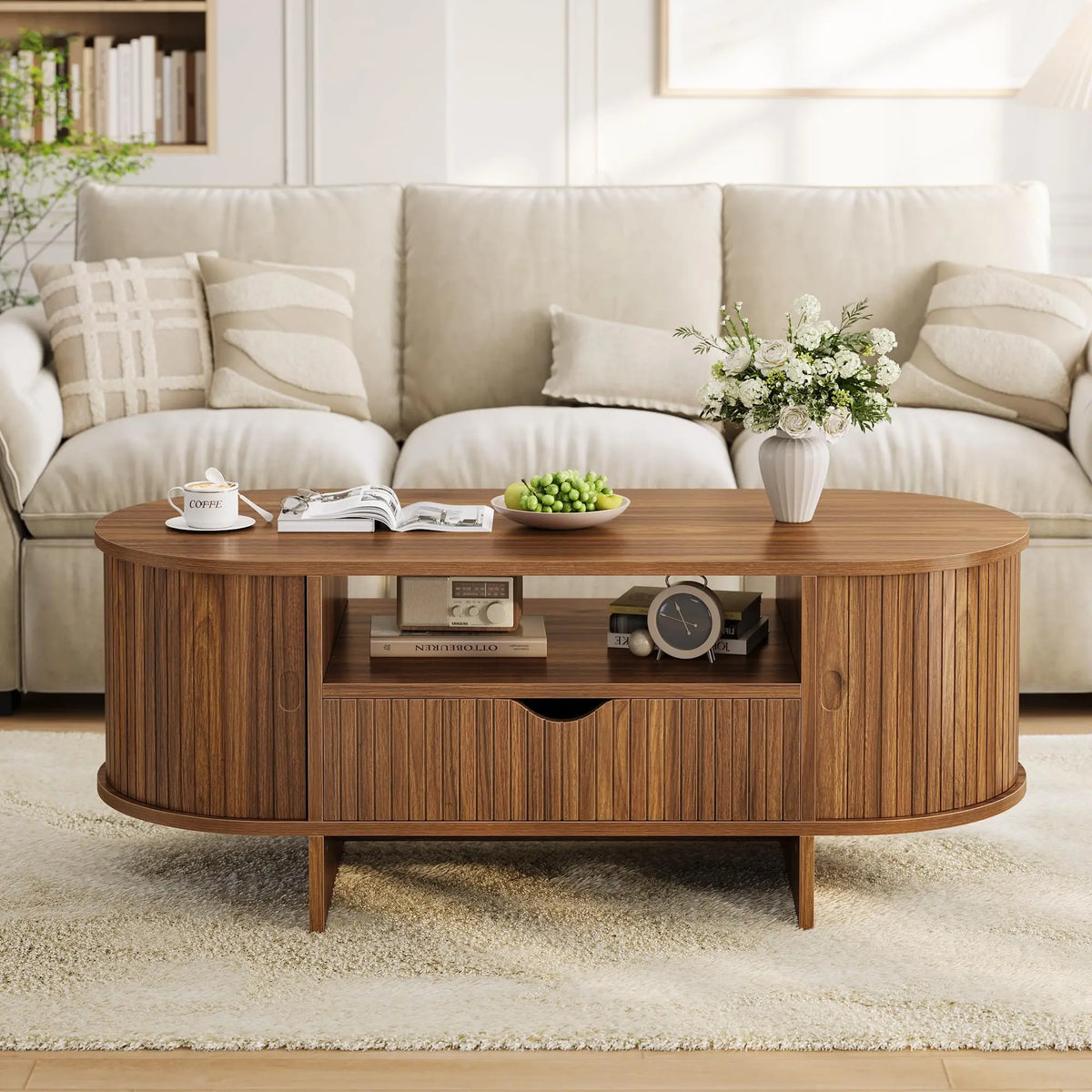 HiMISS Modern Fluted Oval Coffee Table With Storage Cabinet