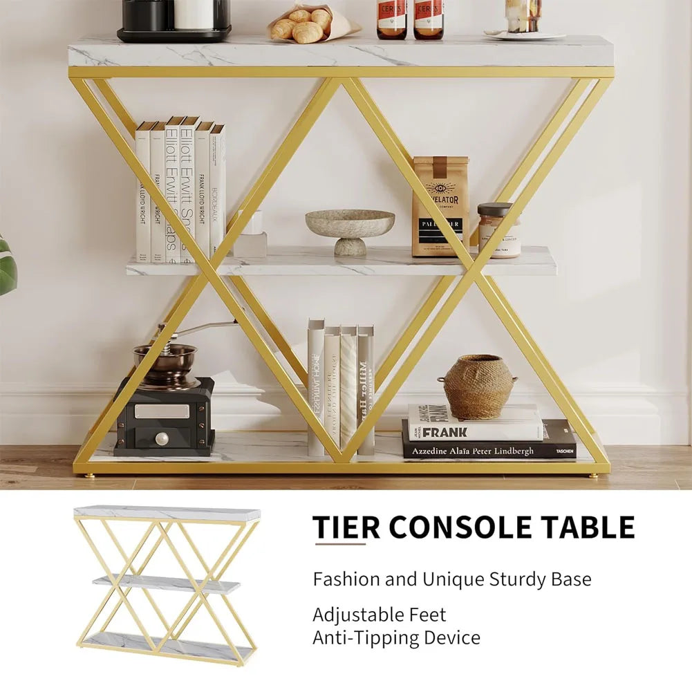 3-Tier Console Table, Slim Entryway Sofa Table with x-Shaped Metal Legs, Open Storage Shelves, for Living Room/Hallway, Rustic Farmhouse Style
