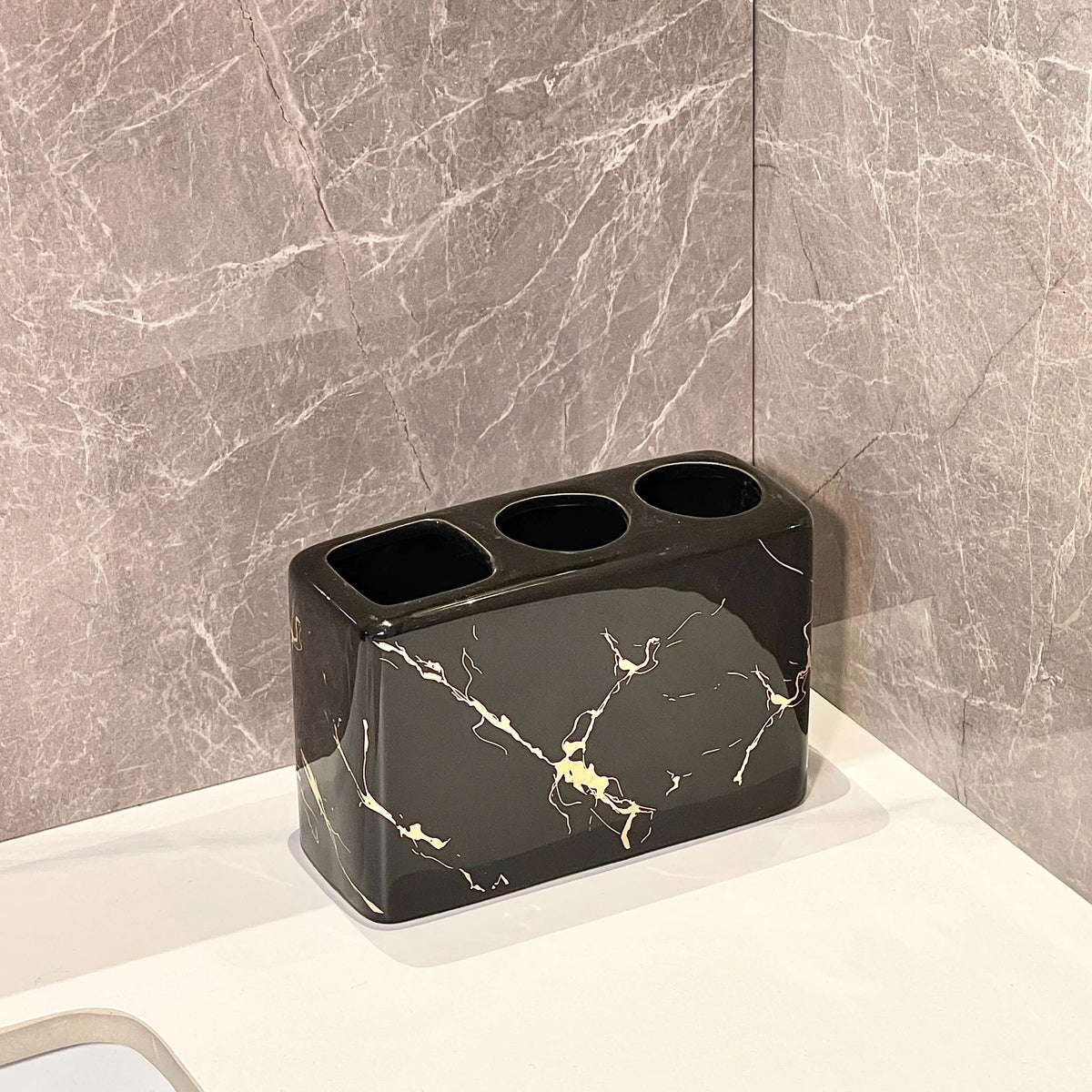 Ceramic Toothbrush Holder with Golden Marble End - 3-Slot Textured Bathroom Organizer, Rustproof Base for Countertop, Toothpaste And Brushes Storage Set