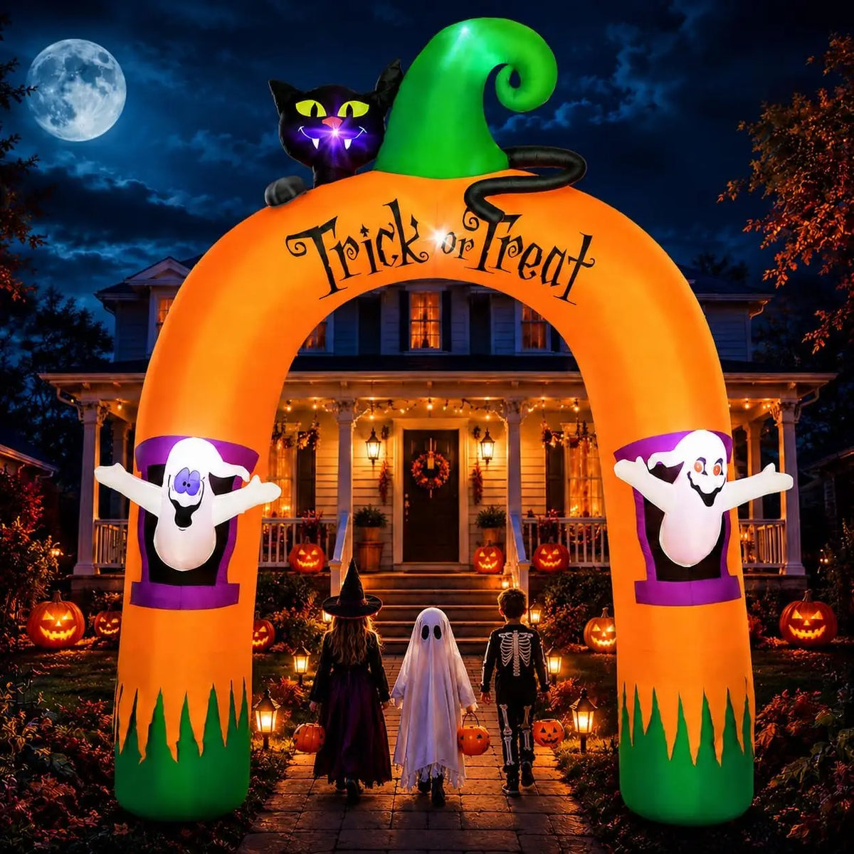Halloween Inflatable Archway 10Ft with 7 LED Lights, Black Cat & Ghosts Design, Self-Inflating, Weather-Resistant, Foldable Outdoor Yard Decor, Bright Nighttime Glow, Easy Setup, Ideal Lighted Trick-or-Treat Entrance