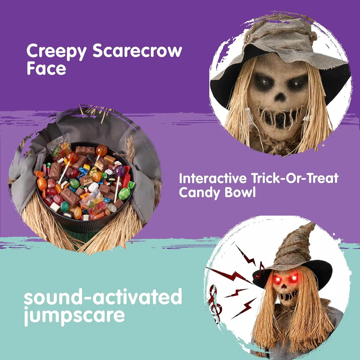 49" Halloween Animatronic Sitting Scarecrow, Halloween Decorations Outdoor Sound Activated Jump Scare Prop with LED Eyes, Spooky Sounds, Scary Haunted House Props for Garden Yard Lawn