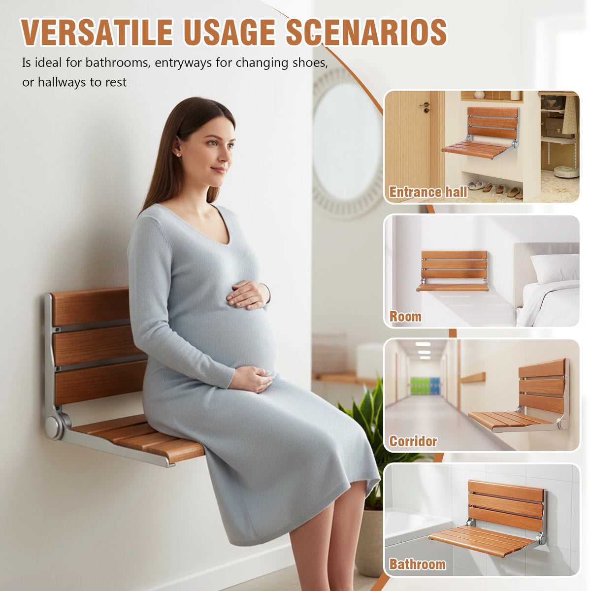 17.7inch Wall-Mounted Folding Shower Seat with Back Fold Up Bathroom Stool Chair Anti-Slip for Elderly Disabled Pregnant