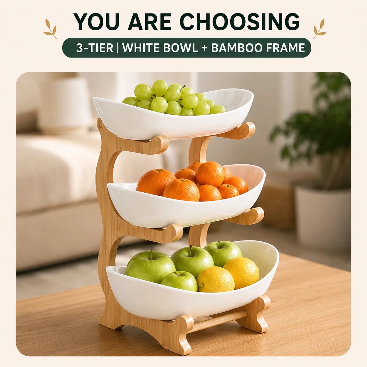 2/3-Tier Fruit Bowl with Stand, Plastic Fruit Basket with Bamboo Frame for Kitchen Countertop, Large Capacity Fruit Display Stand for Fruit, Snacks, Candy, Bread & Party, Gold Fork Included