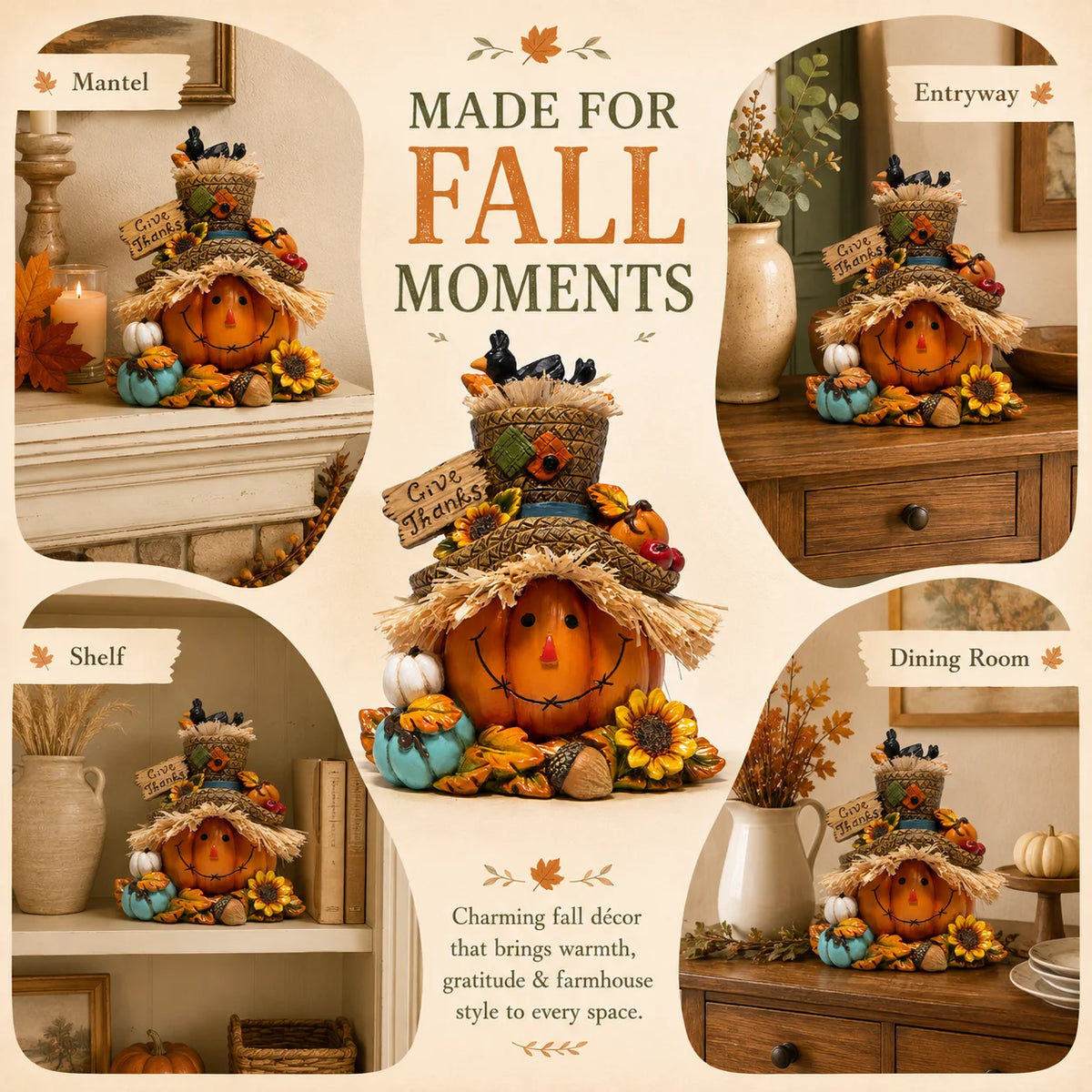 Hodao Resin Thanksgiving Harvest Scarecrow Figurine Figure Model, Pumpkin Face Autumn Decor with Give Thanks Sign & Cute Black Crows, Rustic Farmhouse Tabletop Statue with Straw Hat & Sunflower, Holiday Accent Ornament for Ho