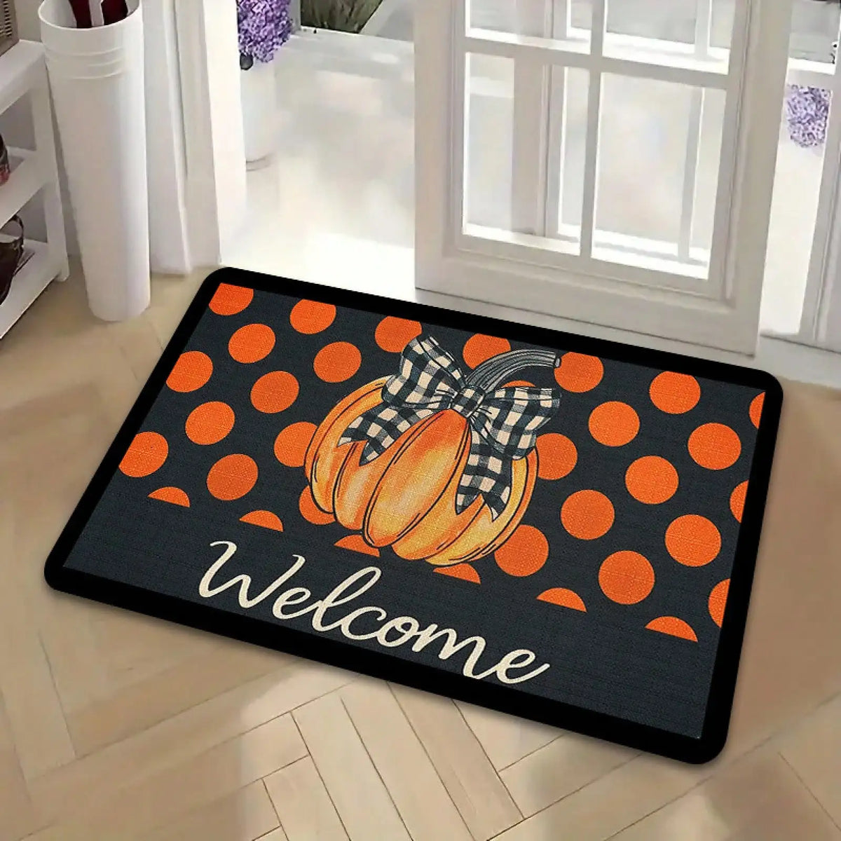 1pc Black & Orange Plaid Pumpkin Welcome With Bow - Heavy-Duty 600g/² Non-Slip, Washable Autumn Fall Welcome Sign Porch, RV, /Outdoor Use - Beige Bow Accent &