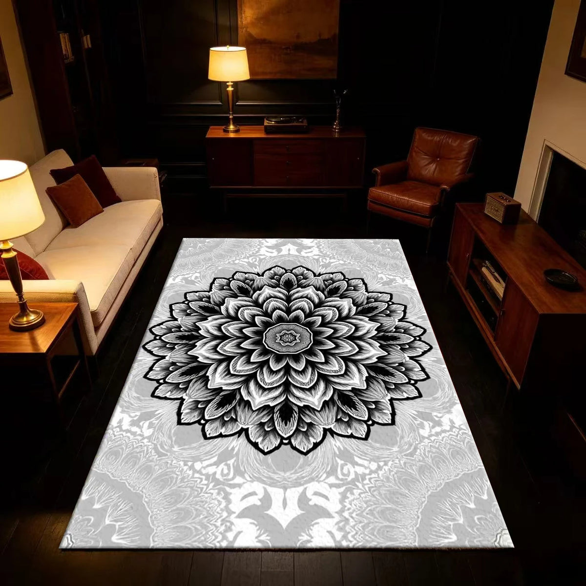 Black and White Gray Mandala Floral Pattern Carpet Floor Non-Slip Mat