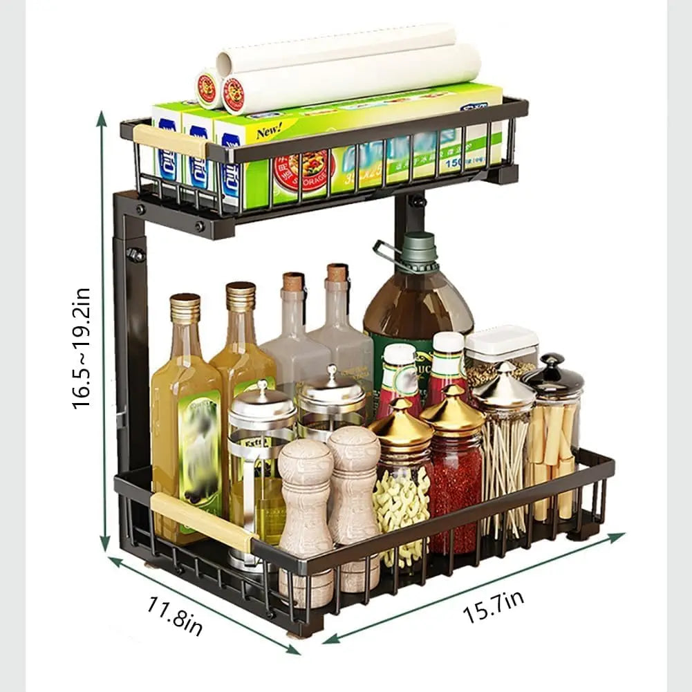 1PC 2 Tier Under Sink Organizer L-Shaped Multi-Function Shelf for Kitchen Bathroom Space Saving 16.5"–19.2" Carbon Cabinet Organizer