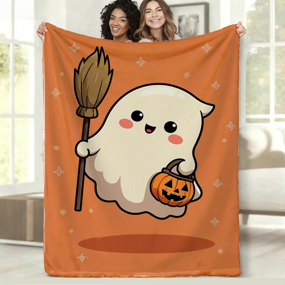 Cute & Jack-o'-Lantern Flannel Throw Blanket - Soft Warm Suitable for - Bedspread with Orange Starry Background, Machine Washable Cozy Bedding Accent for, Room, Couch - for Autumn Nights and Gifts