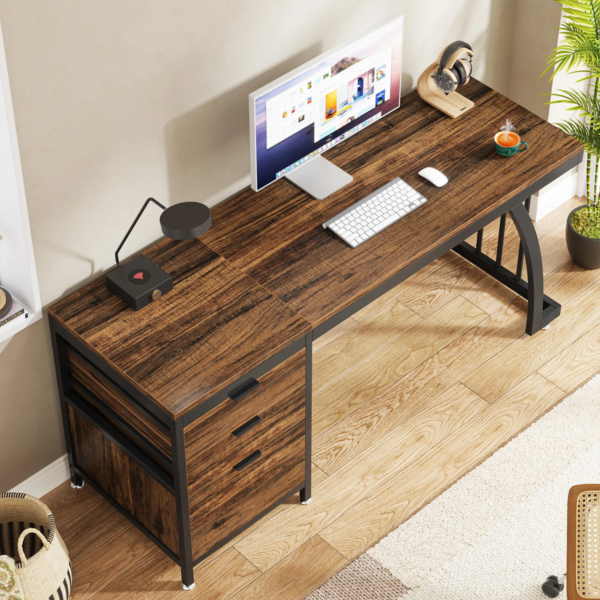 Tribesigns Industrial Computer Desk With Three Drawers And Shelf
