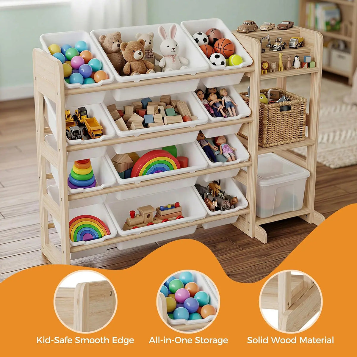 Tacleekii 42" 52" Wide Kids Toy Storage Organizer with 12 Bins & 3 Open Shelves Solid Wood Bookshelf Cabinet Storage Unit for Playroom Bedroom Living Room