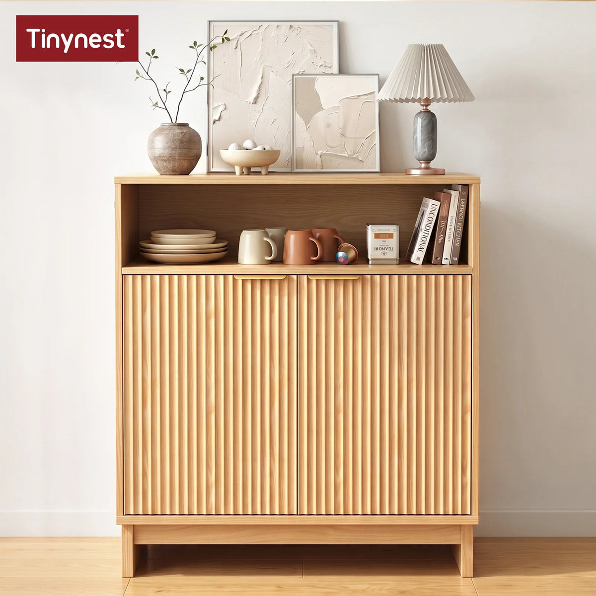 TinyNest 31.5 inch Buffet Cabinets with Storage, Fluted Wood Kitchen Sideboard, Mid Century Modern Coffee Bar Cabinet Pantry with Door & Adjustable Shelves, Console Table for Entryway, Living Room, Dining Room, Hallway, Bathr