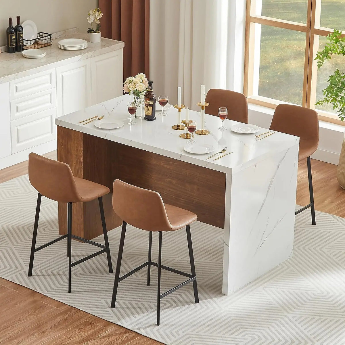ONBRILL 61 x 31 Inch Kitchen Island Table for 4, Modern White Marble-Look One-Piece Tabletop, 1.8-Inch Thick Top, RGB LED Light, 2 AC Outlets, 2 USB Ports & 3-Tier Adjustable Shelf for Kitchen Dining Room Home Office