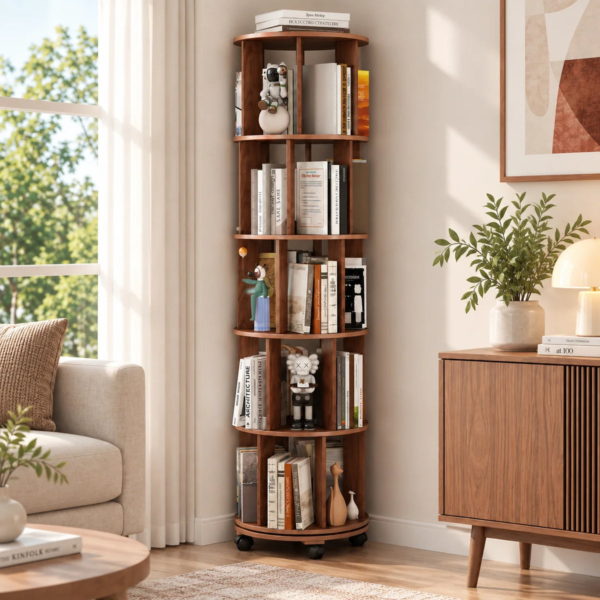Walnut Wood Rotating Bookshelf on Wheels 360° Spinning Round Bookcase Organizer for Small Spaces Bedroom Kids Room Home Office