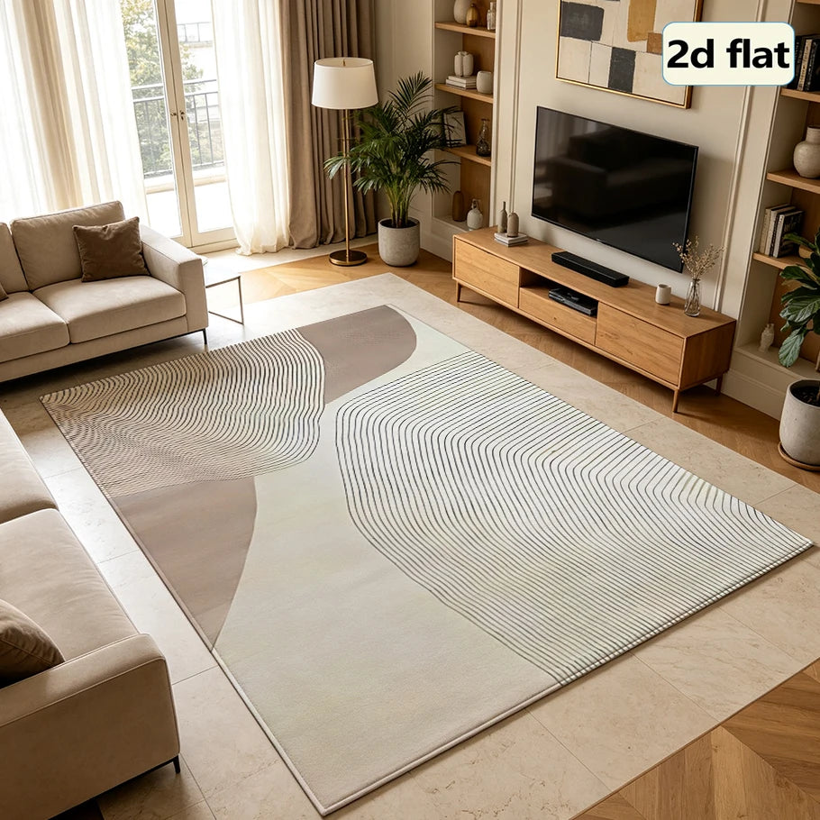 Neutral Beige Abstract Line Carpet Flooring, Mid-Century Curved Contour Geometric Area Rug Non-Slip Floor Mat for Living Room Apartment Home Decoration
