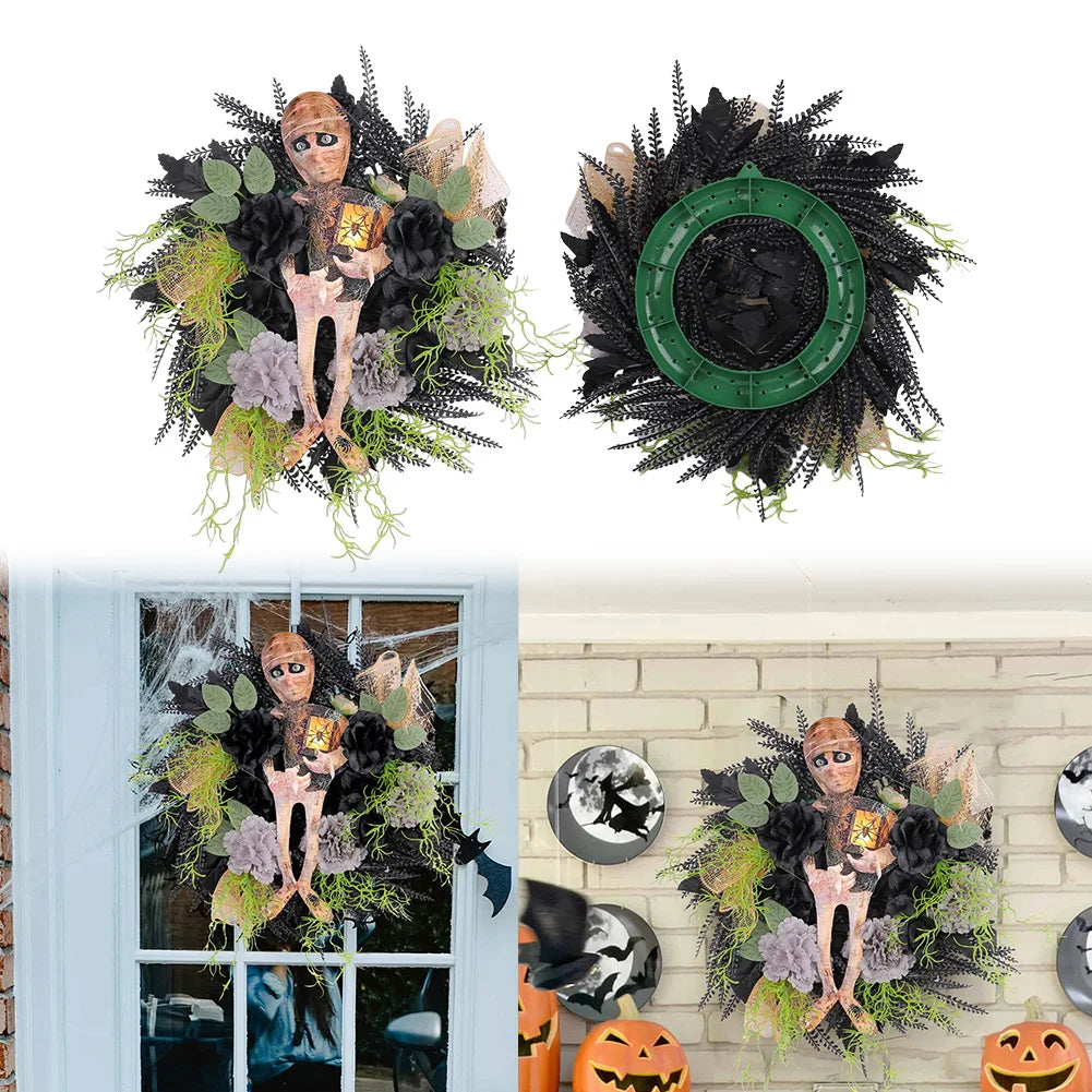 Halloween Mummy Wreath Window Hanging Ornament Spooky Halloween Scary Mummy Welcome Wreath Sign for Halloween Decorations