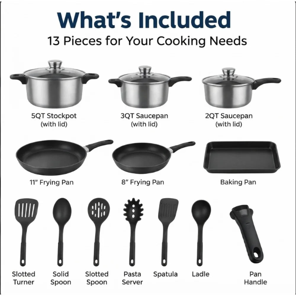 13PCS Nonstick Cookware Set Pots and Pans with Glass Lids Kitchen Cooking Utensils Set Induction Gas Electric Stovetop