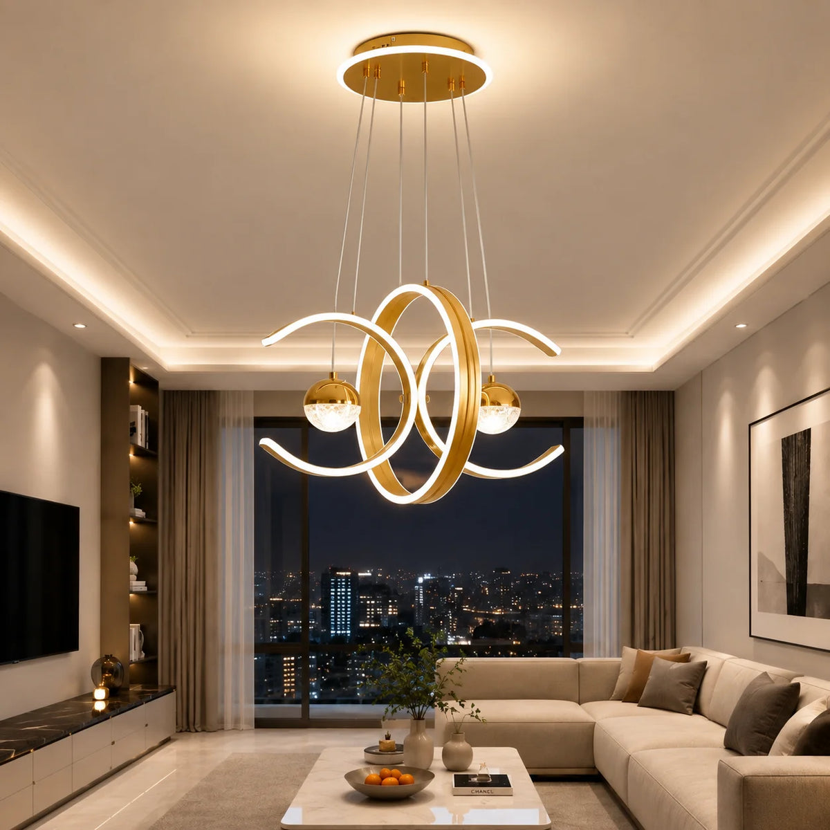 Modern three-color LED pendant lights paired with acrylic creative ring-shaped pendant lights, luxurious ceiling lights, suitable for living rooms, dining rooms, and bedrooms.